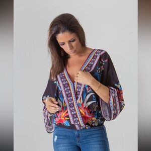 Flying Tomato Black and Red Graphic Wrap Blouse